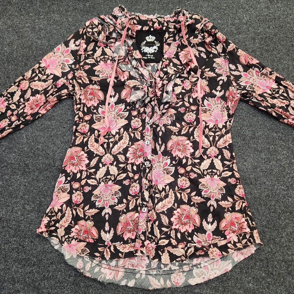 Cino Womens XS Black Floral Button Up Long Sleeve Shirt Cotton Whimsigoth Boho